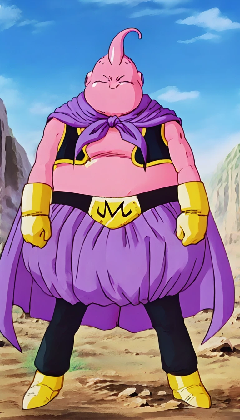 solo, majin buu, (angry:1.2),fighting,in wasteland,destroyed rock,(soft shading), 4k, hi res, ((detailed face, (detailed eyes:1.0), detailed)), (full body), looking at viewer, 1boy, upper body, male focus, shirtless,torn clothes,bare pectorals, fighting stance,