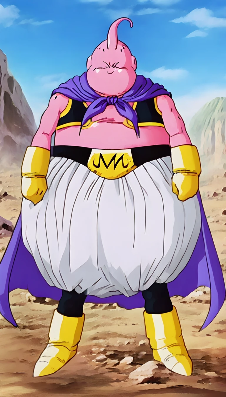 solo, majin buu, (angry:1.2),fighting,in wasteland,destroyed rock,(soft shading), 4k, hi res, ((detailed face, (detailed eyes:1.0), detailed)), (full body), looking at viewer, 1boy, upper body, male focus, shirtless,torn clothes,bare pectorals, fighting stance,