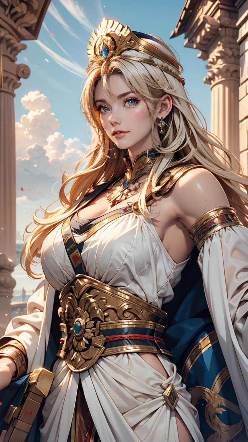 8K resolution, masterpiece, Highest quality, Award-winning works, unrealistic, Only sexy women, healthy shaped body, Age 25, White wavy long hair, hair band, Big company shaking bust, Ancient Roman Commander&#39;s Armor, Pure white armor with a complex structure., royal coat of arms, Lift Excalibur with both hands, elegant, Very detailed, Digital Painting, artステーション, コンセプトart, Smooth, Sharp focus, shape, artジャム、Greg Rutkowski、Alphonse Mucha、William Adolphe Bouguereau、art：Stephanie Law , Magnificent royal background, Royal Jewel, nature, Full Shot, Symmetric, Greg Rutkowski, Charlie Bowwater, beep, Unreal 5, Surreal, Dynamic Lighting, ファンタジーart, Complex colors, Colorful magic circle, flash,  dynamic sexy pose
