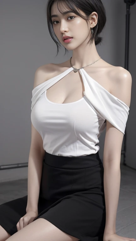 (((masterpiece:1.4, Best Quality:1.4, 8K))), ultra high res, Physically Based Rendering, Full Body Shot, ultra Beautiful Sexy Woman, 24yo, half updo hair, bangs, no makeup, (smile), (gigantic Breasts), (halter neck white shirt, cropped:1.4, underboob:1.6), (black miniskirt), ((skirt lift:1.8)), ((pussy exposed:1.2, pubic hair:1.2)), (black stockings), (standing facing forward:1.3), (front view), from below (simple gray background),