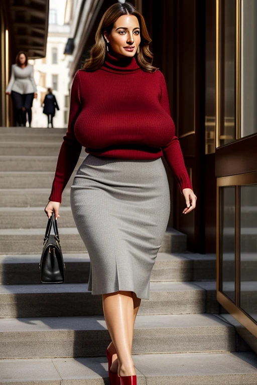 fine art portrait of a very elegant 40yo lady, curvy hourglass figure, ((very slim waist)), walking down stairs in the city center, highest quality,  face high resolution, Eleonora Pavinat 40yo woman, wearing a red knitted turtleneck sweater, very long grey skirt, high heels, woman with (extremely huge breasts:1.4), extremely beautiful lady