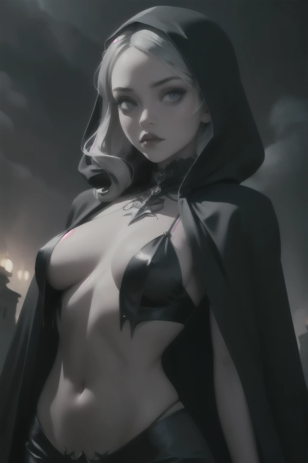 masterpiece, perfect lighting, bloom, cinematic lighting, perfect skin, tween girl, looking at viewer, medium shot, ((gothic)), toned body, mesmerizing, dramatic smokey makeup, velvet cloak, silver ornaments, mysterious world atmosphere