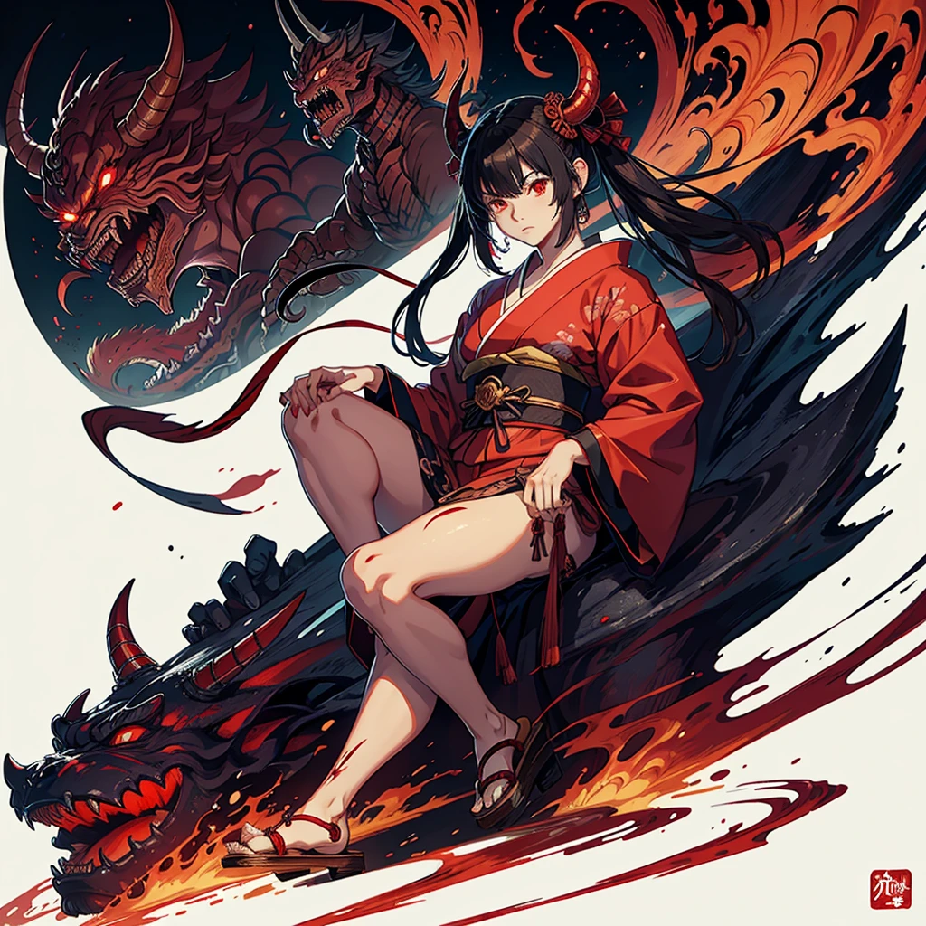 An oni, Japanese famale demon, with a blood red kimono and her geta, traditional Japanese footwear . In the style of Wayne barlowe