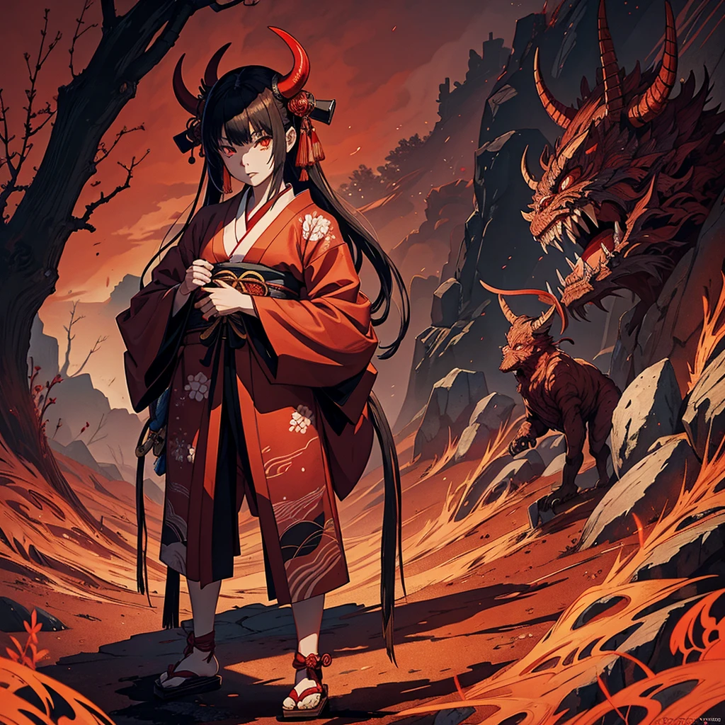 An oni, Japanese famale demon, with a blood red kimono and her geta, traditional Japanese footwear . In the style of Wayne barlowe