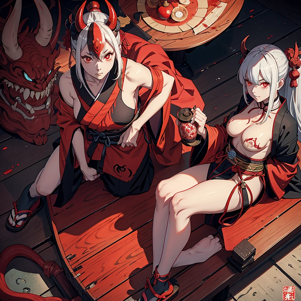 An oni, Japanese famale demon, with a blood red kimono and her geta, traditional Japanese footwear . In the style of Wayne barlowe