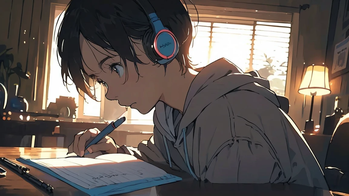 night、((机に向かってbarely)),(Headphones),((barely)),(Serious profile),((Write in a notebook)),indoor, Very detailedな, (((Very detailed eyes and face))), profile, masterpiece, Highest quality, Realistic portraits, hoodie, Very detailed, Dynamic Angle, The most beautiful form of chaos, elegant, Asian Taste
