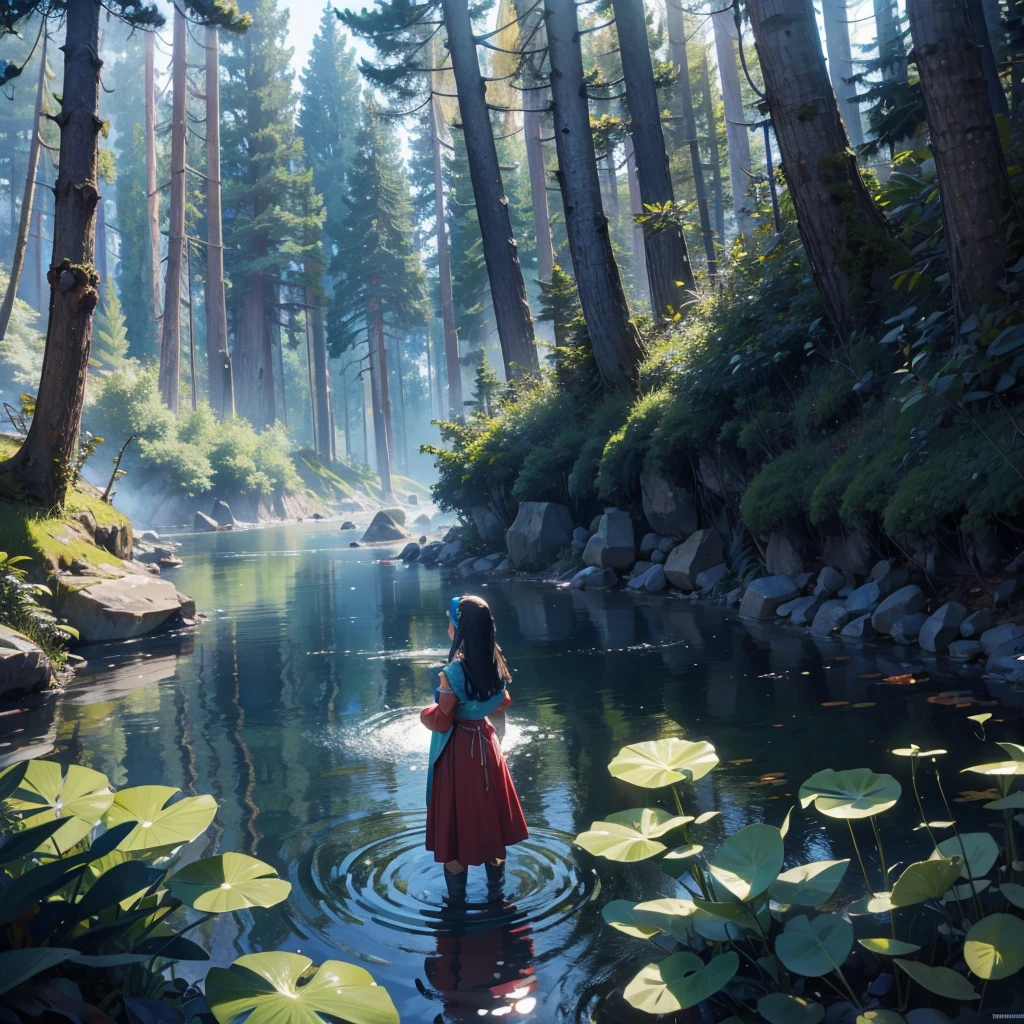 back view of female water dwarf in the forest with medieval dress