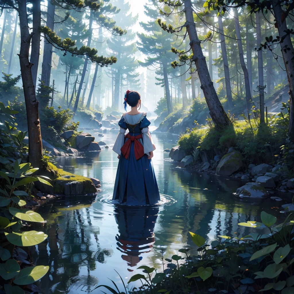 back view of female water dwarf in the forest with medieval dress