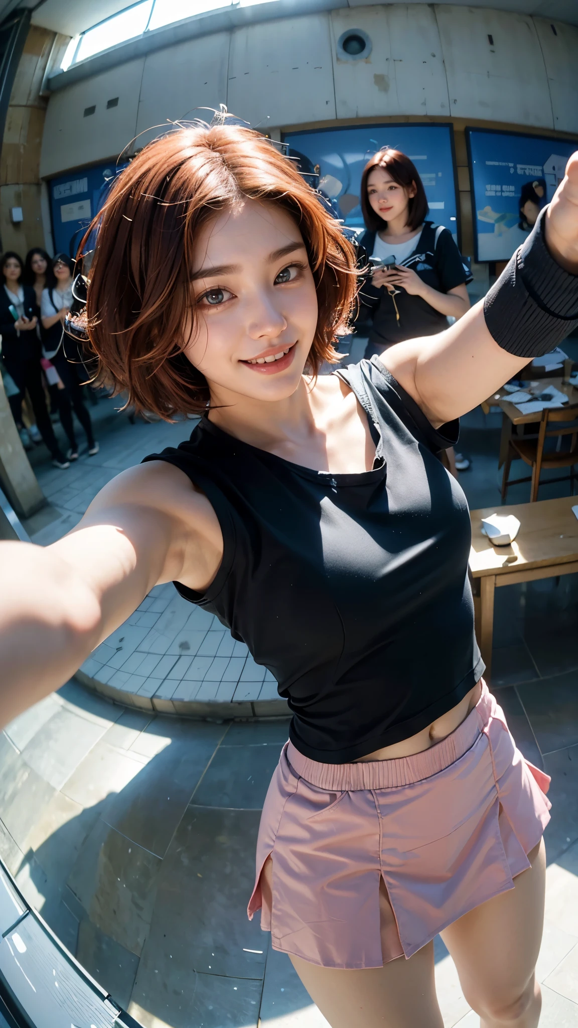 Highest quality, masterpiece, Ultra-high resolution,8K, (Realistic:1.6), (Face-to-face selfie portrait) RAW Photos, 1 Girl,(Full of smiles, Showing teeth)), 22 years old,((Korean Idol Karina Fashion)),((Miniskirt uniform and undershorts)),((Straight pink short hair)),((Red hair fluttering in the wind)),((Looking up at the audience)),Face Focus:1.4,((Selfie taken with a fisheye lens:1.4)),((Background of airplane trails shining against the blue sky)), 