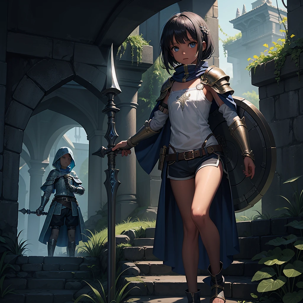 最high quality、high quality、Simple Cloth Armor、１０Year-old girl adventurer、Descend the maze stairs、Shorts、Equipped with a dagger and a shield、In a dark maze、The body is being swallowed by slime