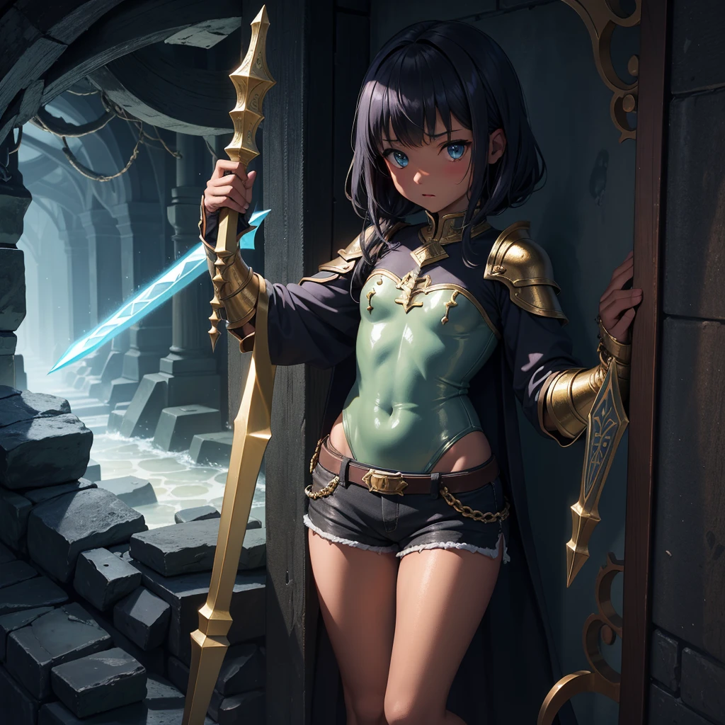 最high quality、high quality、Simple Cloth Armor、10Year-old girl adventurer、Descend the maze stairs、Shorts、Equipped with a dagger and a shield、In a dark maze、The body is being swallowed by slime