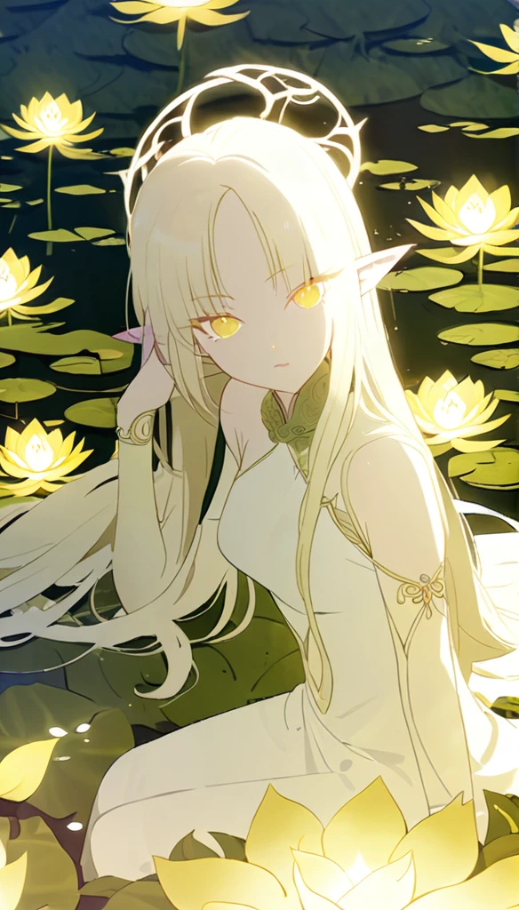 1woman, elven, light god, light blonde hair, longest hairstyle, glowing yellow eyes, sat on lotus fields, thai style, elegant, traditional thai white dress,