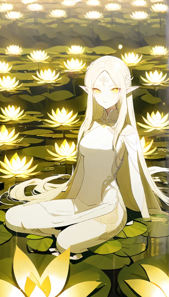 1woman, elven, light god, light blonde hair, longest hairstyle, glowing yellow eyes, sat on lotus fields, thai style, elegant, traditional thai white dress,