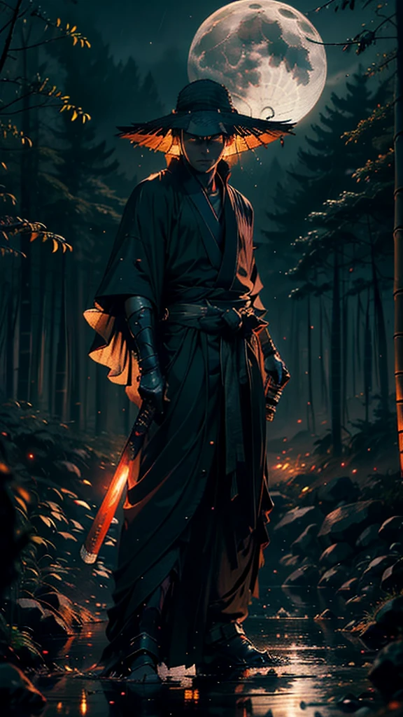 (Best Quality,ultra detailed),dark,wet,artificial raindrops falling,ancient japanese warrior standing in the rain,japanese traditional bamboo hat(fail),dense forest landscape,majestic and serene nature,full moon shining brightly in the night sky,black kimono with fluorescent red stripes that glow in the moonlight,samurai sword sharpened and drawn(katana),
