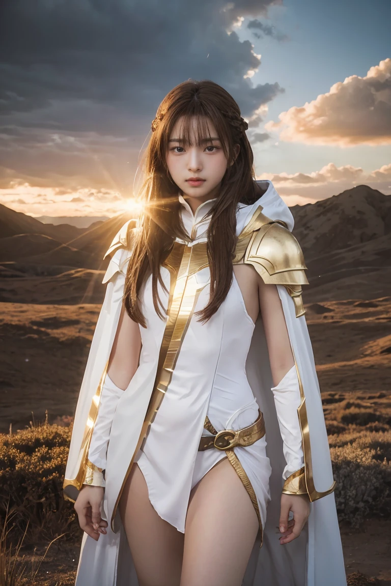 ((masterpiece, best quality, extremely detailed), volumetric lighting, ambient occlusion, colorful, glowing), 1girl, solo, young girl, (dark hair), long hair, ranger suit, hunter class dnd, cloak, (white outfit with gold detailst:1.3), armor, outdoors, sunset, sky, clouds, space, (fantasy theme:1.2),