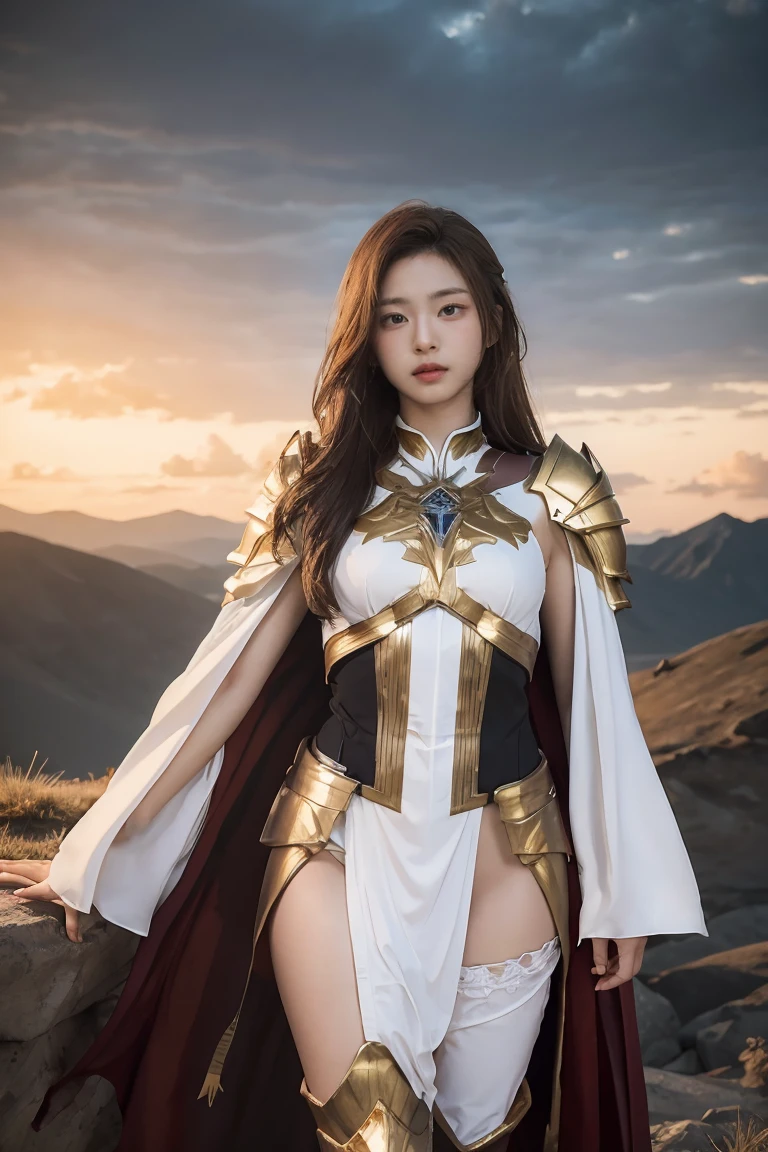 ((masterpiece, best quality, extremely detailed), volumetric lighting, ambient occlusion, colorful, glowing), 1girl, solo, young girl, (dark hair), long hair, ranger suit, hunter class dnd, cloak, (white outfit with gold detailst:1.3), armor, outdoors, sunset, sky, clouds, space, (fantasy theme:1.2),