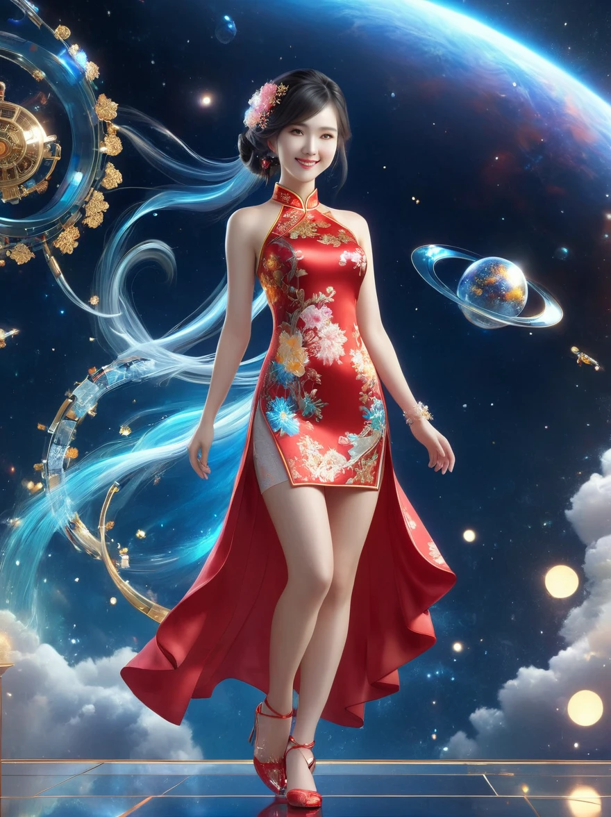 1xknh1, (full-body shot:1.4), Space Art, 1 Cheongsam woman，whole body，Standing，Transparent robotic arm，slim body，Perfect proportions，Exquisite hair accessories，Smile，Transparent mechanical shoes，Oriental elements，(bokeh)，high quality，4K，3d