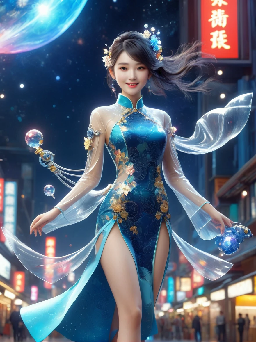 1xknh1, (full-body shot:1.4), Space Art, 1 Cheongsam woman，whole body，Standing，Transparent robotic arm，slim body，Perfect proportions，Exquisite hair accessories，Smile，Transparent mechanical shoes，Oriental elements，(bokeh)，high quality，4K，3d