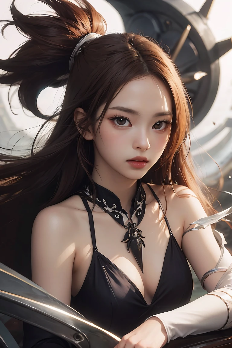 ((masterpiece, best quality)), ultra detailed 8k, photorealistic, sharp focus, highly detailed, professional lighting , shadowmancer, photo of a woman, ink particle, ((swirling black ink floating around)), futuristic fantasy, futuristic black dress, dynamic pose, realistic, masterpiece, intricate details, detailed background, depth of field,