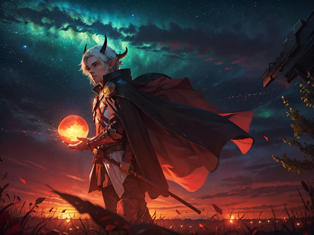 1boy, armor, burning, cape, crescent moon, earth \(planet\), embers, energy ball, fire, flame, full moon, galaxy, glowing, green eyes, horns, long hair,blown hair, magic, male focus, moon, night, night sky, pauldrons, planet, pointy ears, red cape, red moon, shoulder armor, sky, solo, space, star \(sky\), starry sky, sun, sunset, white hair , by paul zizka, 