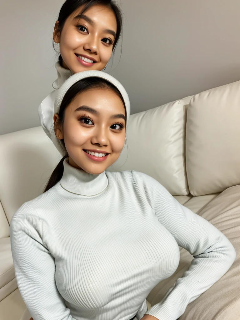 photo of a playful cute asian teen submissive wife with big beautiful eyes, She wears: (turtleneck high ribbed bright tight white sweater:1.1), submissive seductive pose, high tight ribbed neck, seductive smile, perfect fake tits, turtleneck top