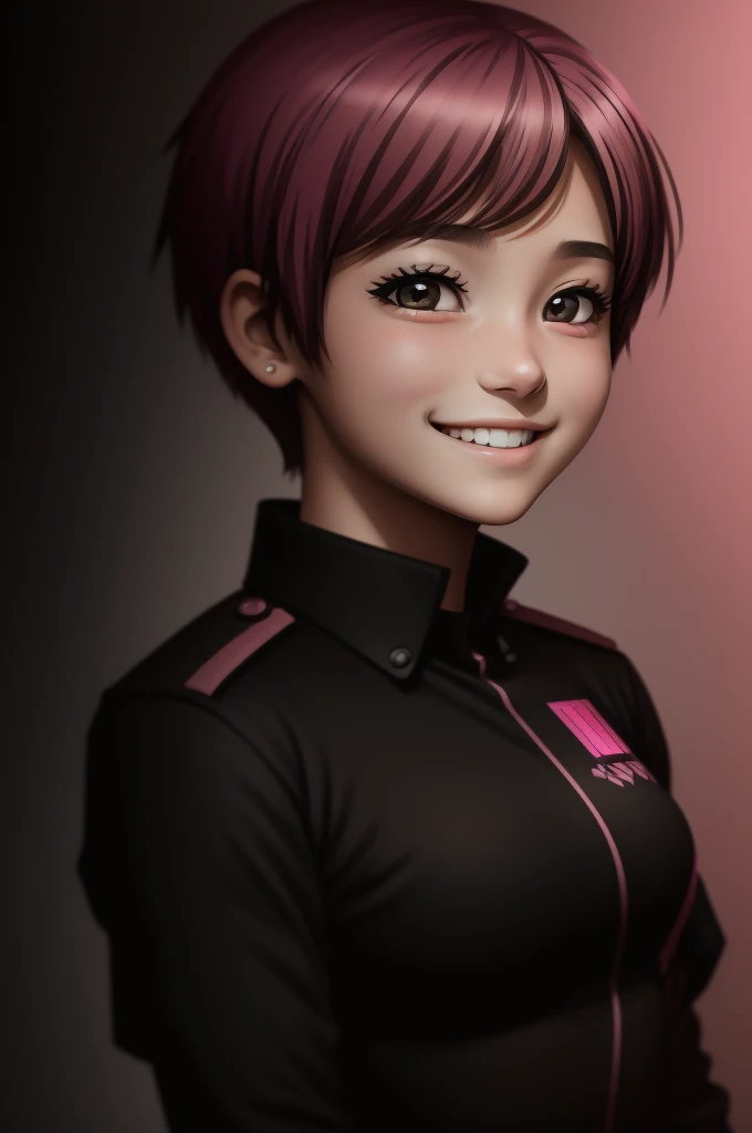 This -yeld enetic girl，The name is Peanut，Mature but smiling，Short hair with pink highlights，Pure black tight combat uniform，Born to die，Optimistic and cheerful