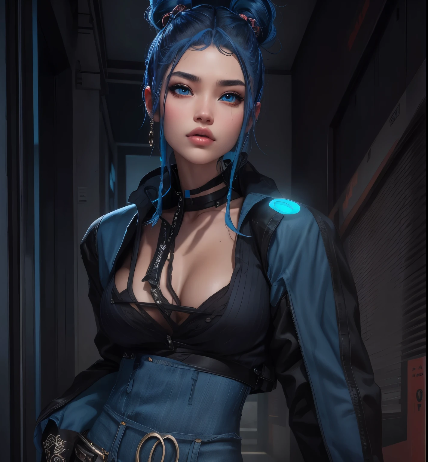 AVATAR SECOND LIFE Korean girl black coat, jeans , asiática hair blue, hair blue, hair blue, Perfect and detailed face, imvu, maximalist details, AVATAR SECOND LIFE Korean blouse and pants , neon, hair blue