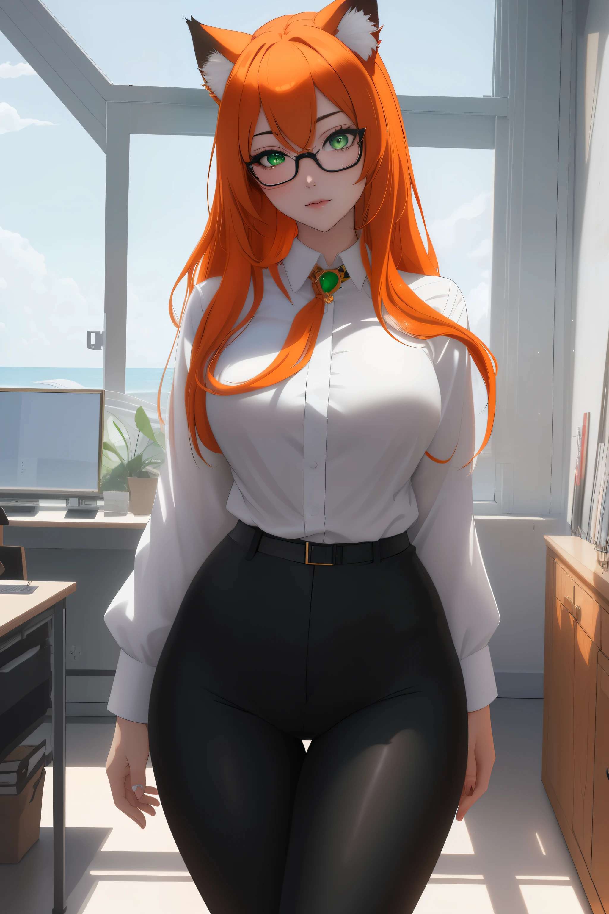 (masterpiece, Best quality), 8K, ultra detailed, realistic photo, Detailed face, perfect lighting, green eyes, bright orange hair, bright hair, fox ears, nice legs, side photo, beautiful, Cute, skin pores, 1 girl, perfect shirt, fully dressed, beautiful women 30 years old, Beautiful proportions, Russian woman, Caucasian, European, Business lady, stunningly beautiful woman, mother, thick legs, show ass, big breasts, (Thin white shirt:1.4), thick, hot, (White Office Wear:1.4), tight pants, (wide hips:1.2), thick, (white Office pants:1.3), spread your legs, Legs open, full length, wide hips, Glasses, with long orange hair, standing on the beach near the ocean, green eyes detailed digital anime art, cat ear, anime girl with long hair, гладкое аниме cg art, anime girl with long hair, digital anime art, work in Guweiz style, Beautiful anime portrait, Photorealistic render of an anime girl, pantyhose, Beautiful anime girl, advanced digital anime art, guweiz на artstation pixiv HD UHD HQ