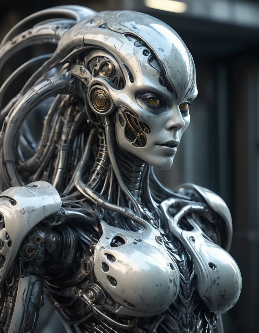 a face of a uncanny cReatuRe witH female like featuRes, Subtle insect-like features, tHin like pHysique, its body is coveRed in a organic gRey flesHy coloRed exoskeleton, looking at tHe cameRa, Front view, organic, Ink splatter, sf, complicated aRtwoRk masteRpiece, Unlucky, Matte Painting Movie Poster, Golden Ratio, Trending on CGSociety, complicated, amazing, Trending on Art Station, aRtgeRm より, H. R. Giger, HigHly detailed, Vibrant, pRoduction Cinematic cHaRacteR RendeR, ultRa HigH quality model, Broken glass effect, No background, amazing, sometHing tHat even doesn't exist, mytHical being, energy, Molecular, texture, Rainbow glowing scales, bReatHtaking beauty, Pure perfection, The existence of God, Unforgettable, impressive, bReatHtaking beauty, VolumetRic ligHt, aura, light, Vivid colors are reflected, pHoto Realistic, Cinematic, Movie stills, captuRed in tHe style of Sony AlpHa A7 III cameRa