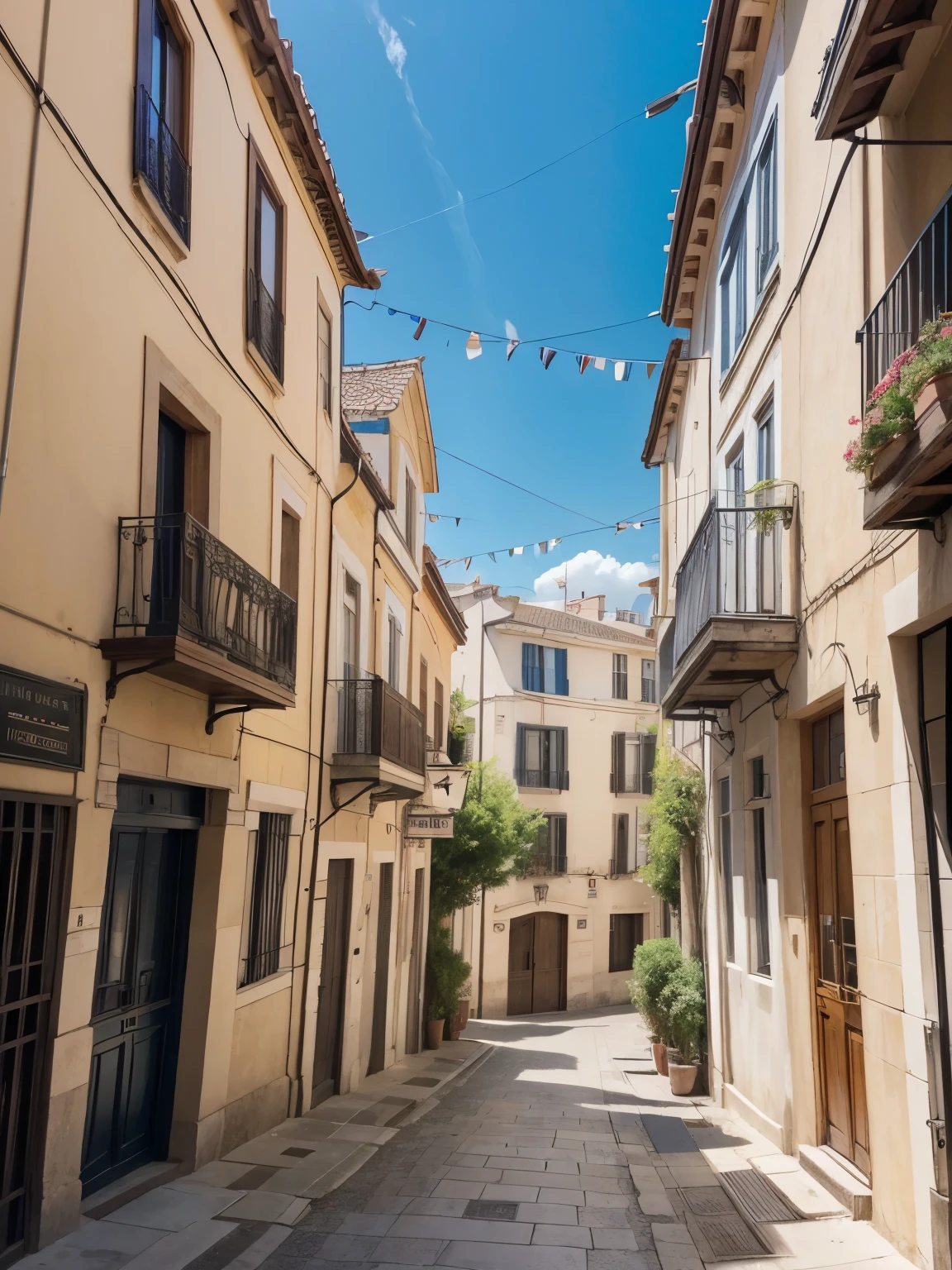 a narrow city street lined with tall buildings, by Pedro Álvarez Castelló, 2 2 nd century town street, neo classical architecture, perfect spring day with, sweltering, former, my home, a quaint, completely new, a sad