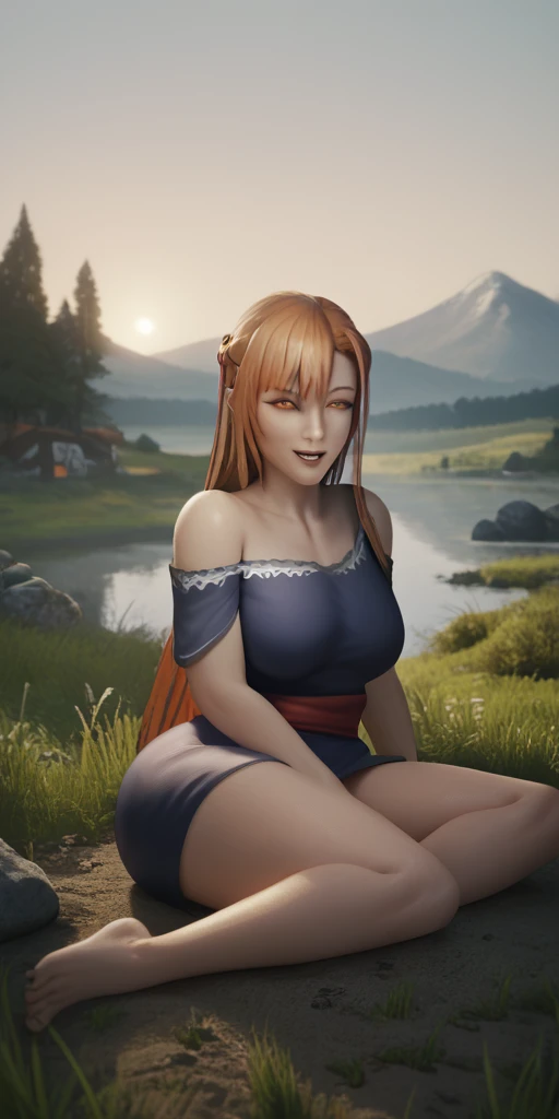 score_9, score_8_up, score_7_up, score_6_up, score_5_up, score_4_up,
asuna yuuki (long hair, orange hair:1.3), fold hair, braid, orange eyes, breasts, epic art, fantasy, 1girl, grass, solo, barefoot, sitting, breasts, mountain, sunset, dress, bare_shoulders, outdoors, looking_at_viewer, off_shoulder, field, sky, lake, collarbone, mountainous_horizon, indian_style, twilight, tree, black_dress, large_breasts, scenery, medium_breasts, feet, off-shoulder_dress, rock, hollow eyes, bright pupils, orange eyes, looking at viewer. heavy breathing, smirk, upper teeth, steaming