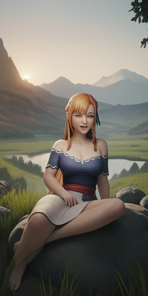 score_9, score_8_up, score_7_up, score_6_up, score_5_up, score_4_up,
asuna yuuki (long hair, orange hair:1.3), fold hair, braid, orange eyes, breasts, epic art, fantasy, 1girl, grass, solo, barefoot, sitting, breasts, mountain, sunset, dress, bare_shoulders, outdoors, looking_at_viewer, off_shoulder, field, sky, lake, collarbone, mountainous_horizon, indian_style, twilight, tree, black_dress, large_breasts, scenery, medium_breasts, feet, off-shoulder_dress, rock, hollow eyes, bright pupils, orange eyes, looking at viewer. heavy breathing, smirk, upper teeth, steaming
