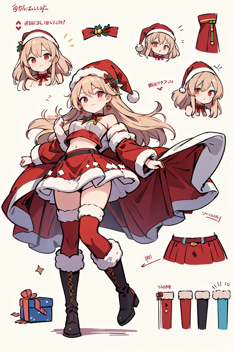 new vtuber character reference sheet, score_9,score_8_up,score_7_up, source_anime, anime, cg, Rating:Questionable, female,solo, breasts, full body,
Create an image of a sexy Santa girl outfit. The outfit includes a red velvet crop top with faux fur trim, a mini skirt with faux fur trim at the hem, and accessories like a Santa hat, holly berry earrings, and a red ribbon choker. The shoes are long boots with faux fur trim.