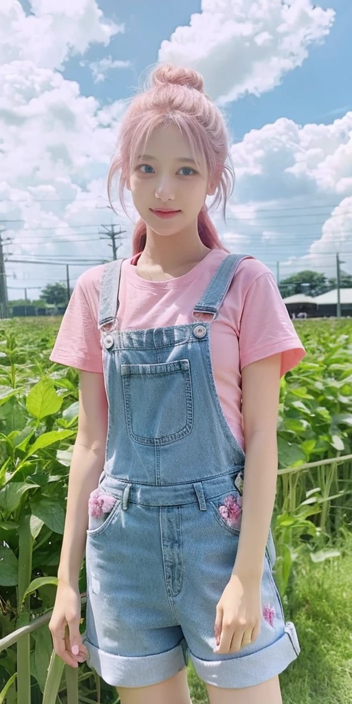 masterpiece,best quality, 1girl,solo,haru urara,overalls,overall shorts,flower-shaped pupils,,pink shirt,holding ice cream,(horse tail:0.6),cloudy,
