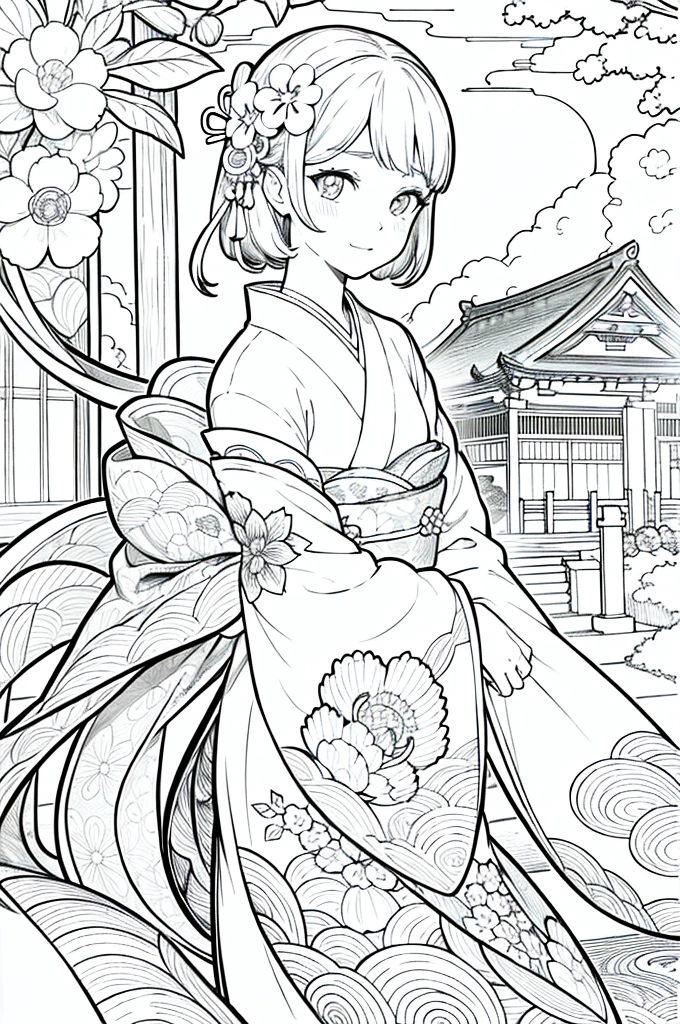 Obra maestra, superlativo,solamente, Dragon cute , flower line drawing background, fondo blanco, monocromo, line drawing, ((bosquejo)), spooky, white eyes, Please create a simple monochrome coloring book that even a can do, depicting a realistic and cute ukiyo-e illustration of a girl in a kimono, in various poses, with a Japanese garden in the background, that conveys Japanese culture.