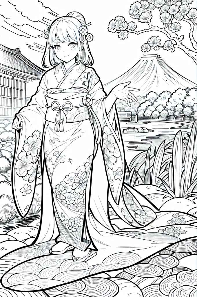 Obra maestra, superlativo,solamente, Dragon cute , flower line drawing background, fondo blanco, monocromo, line drawing, ((bosquejo)), spooky, white eyes, Please create a simple monochrome coloring book that even a can do, depicting a realistic and cute ukiyo-e illustration of a girl in a kimono, in various poses, with a Japanese garden in the background, that conveys Japanese culture.