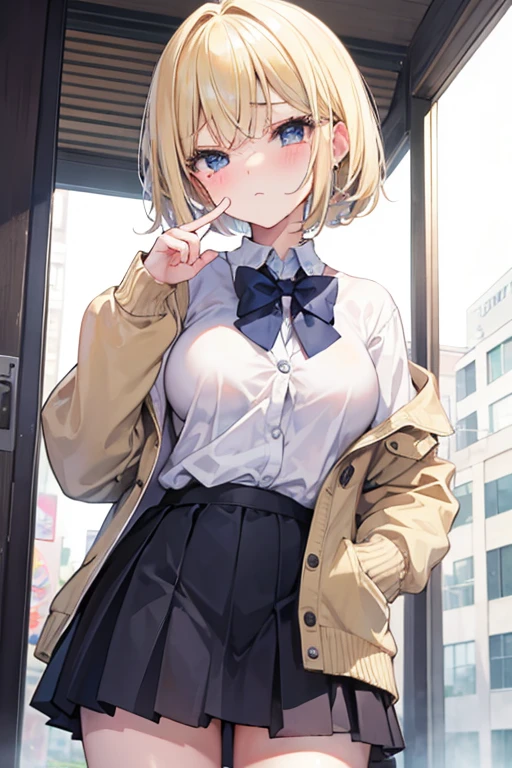 masterpiece blonde Bob high school girl small Big Breasts Are crying cardigan Put your index finger over your mouth whole body Gal Detective thin