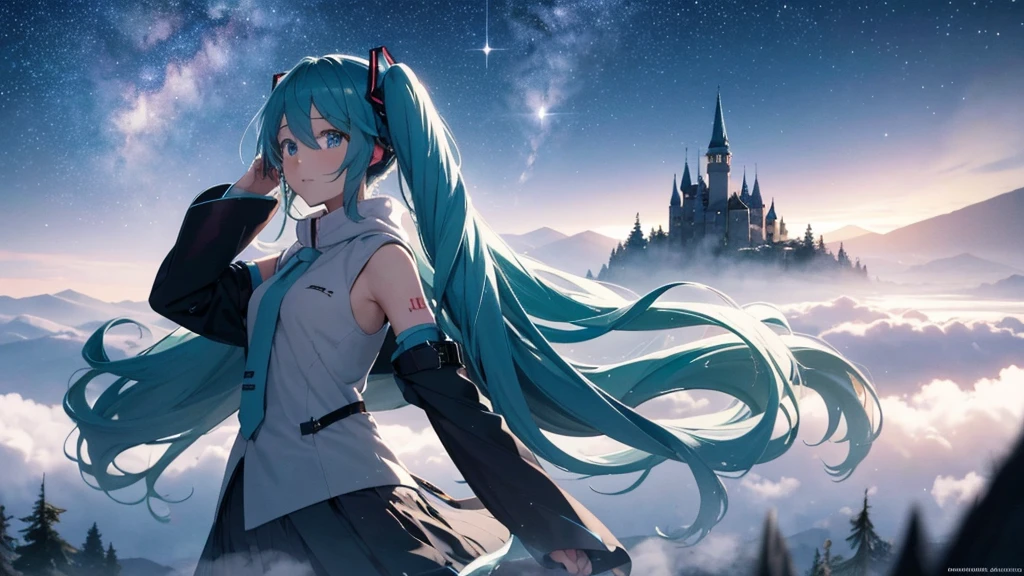 Set against the backdrop of an adventurous fantasy world、This is an image of Hatsune Miku.。She wears a mysterious cloak。The surroundings are shrouded in fog、In the distance you can see the silhouette of an ancient castle。The sky is a starry night、The moon casts a magical light over the forest.。
