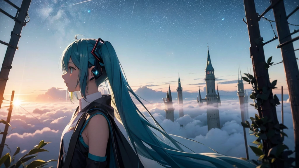 Set against the backdrop of an adventurous fantasy world、This is an image of Hatsune Miku.。She wears a mysterious cloak。The surroundings are shrouded in fog、In the distance you can see the silhouette of an ancient castle。The sky is a starry night、The moon casts a magical light over the forest.。