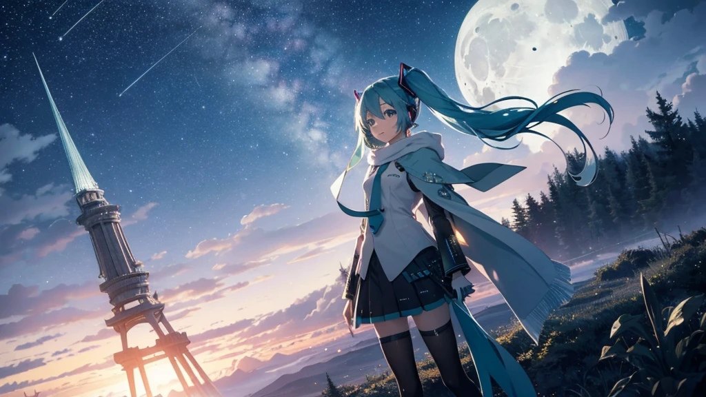 Set against the backdrop of an adventurous fantasy world、This is an image of Hatsune Miku.。She wears a mysterious cloak。The surroundings are shrouded in fog、In the distance you can see the silhouette of an ancient castle。The sky is a starry night、The moon casts a magical light over the forest.。