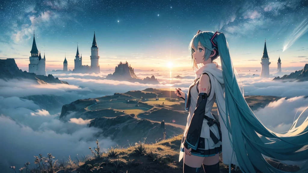 Set against the backdrop of an adventurous fantasy world、This is an image of Hatsune Miku.。She wears a mysterious cloak。The surroundings are shrouded in fog、In the distance you can see the silhouette of an ancient castle。The sky is a starry night、The moon casts a magical light over the forest.。