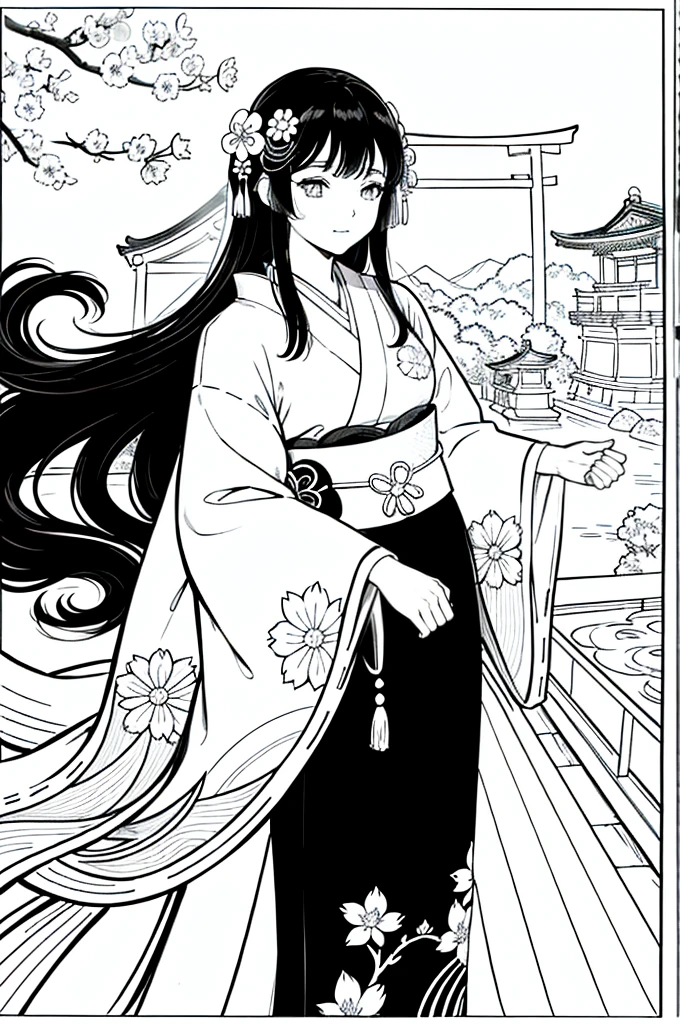 As a coloring book, the color should be black and white, the border should be simple, clear, and bold. [Girl with long black hair] wearing a [kimono with cherry blossom pattern] visiting [Kiyomizu-dera temple] in Kyoto, Japan, with [sakura hair ornaments]