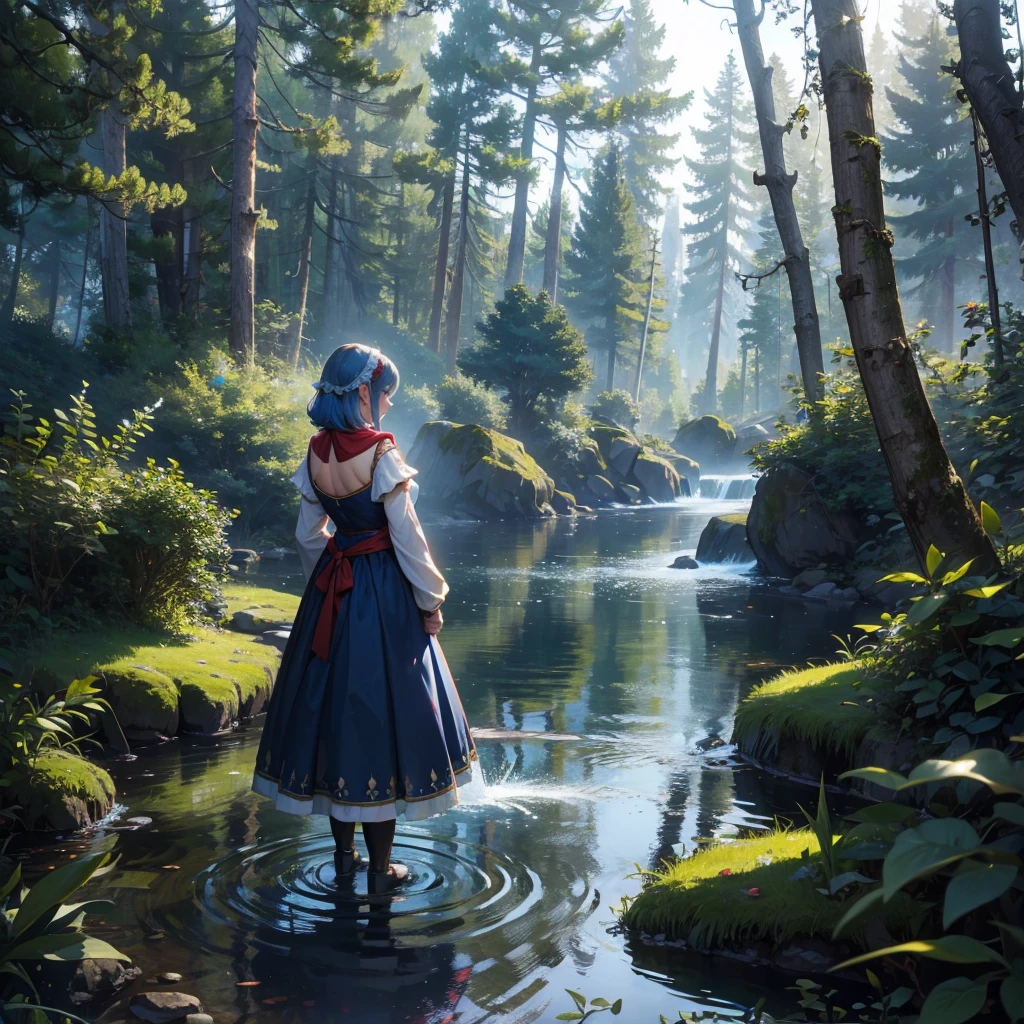 back view of female water dwarf in the forest with medieval dress