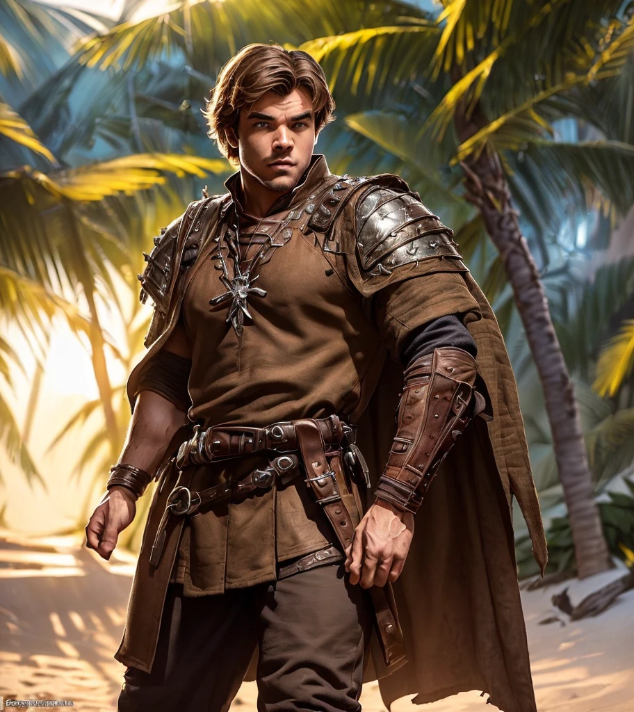 (((Solo character image.))) (((Generate a single character image.)))  (((Dressed in medieval fantasy attire.))) (((Very sexy facial expression.))) Generate a male fantasy character who is a good looking, handsome.  Design a fantasy character who is an intense, serious  adventurer.  Attractive.  Strong fantasy elements in the image.  Beach body.  Beach scene.  Very imposing and cool armor.  Has a devious smirk.