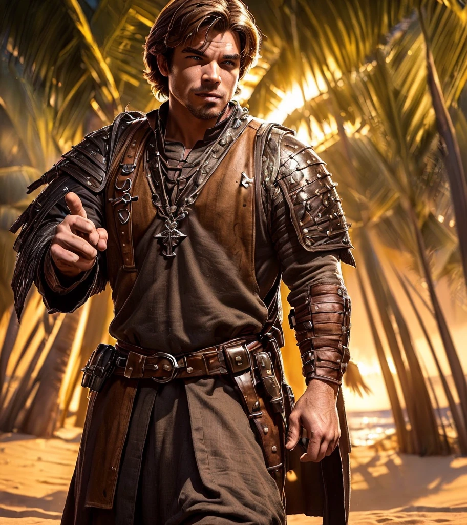 (((Solo character image.))) (((Generate a single character image.)))  (((Dressed in medieval fantasy attire.))) (((Very sexy facial expression.))) Generate a male fantasy character who is a good looking, handsome.  Design a fantasy character who is an intense, serious  adventurer.  Attractive.  Strong fantasy elements in the image.  Beach body.  Beach scene.  Very imposing and cool armor.  Has a devious smirk.