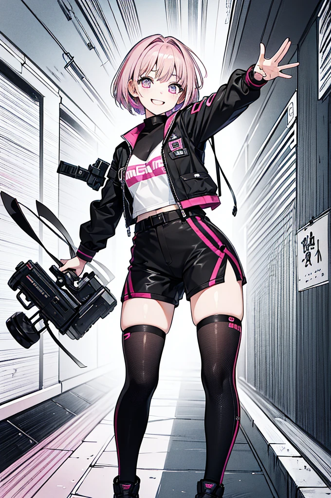 This -yeld enetic girl,The name is Peanut,Mature but smiling,Short hair with pink highlights,Pure black tight combat uniform,Born to die,Optimistic and cheerful