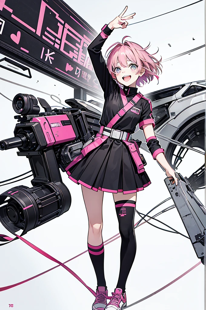 This -yeld enetic girl，The name is Peanut，Mature but smiling，Short hair with pink highlights，Pure black tight combat uniform，Born to die，Optimistic and cheerful