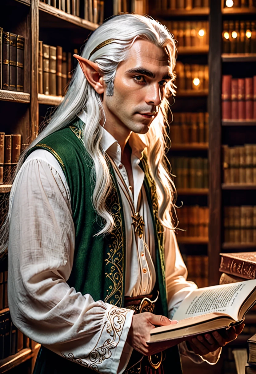 1 man, long white hair, elf ears, poet shirt, reading a book in a library with books scattered everywhere, extremely detailed face and eyes, detailed clothing, detailed lighting, dramatic lighting, warm color tones, intricate background details, (best quality, 4k, 8k, highres, masterpiece:1.2), ultra-detailed, (realistic, photorealistic, photo-realistic:1.37), cinematic, dramatic, fantasy, high contrast