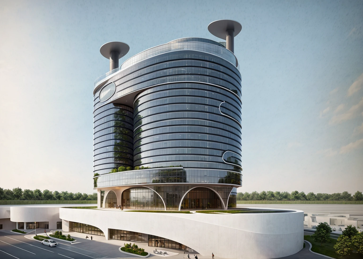 (masterpiece, best quality:1.2), rendering of a modern office building ,hotel, office building ,city landscape, white wall, black glass window