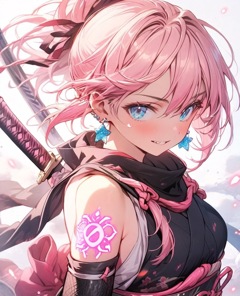 gal,Glittery earrings,pink glowing tattoo,Long pink hair,blue eyes,Ninja